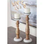 LITTON LANE New Traditional Mango Wood and White Marble Candle Holder Set of 2 thumbnail 1