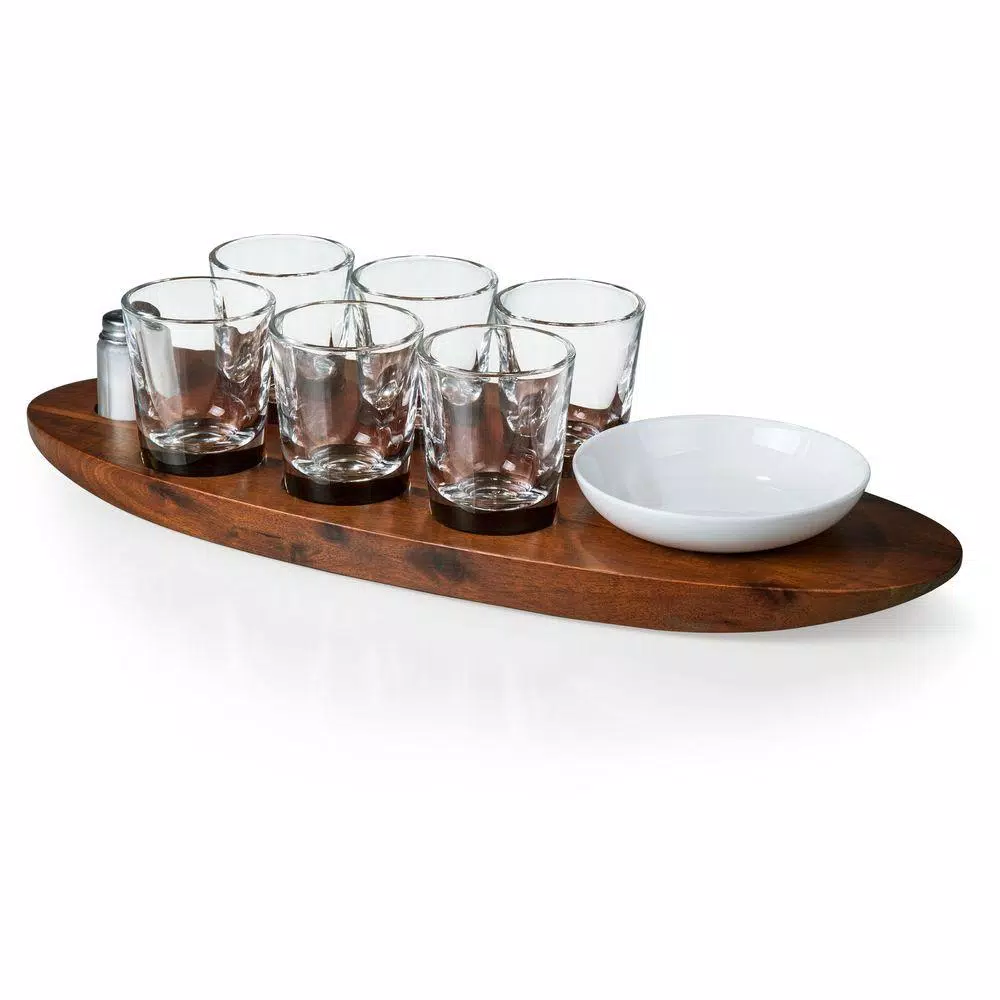 Picnic Time Cantinero Acacia Wood Shot Glass Serving Tray Set - 9 Piece