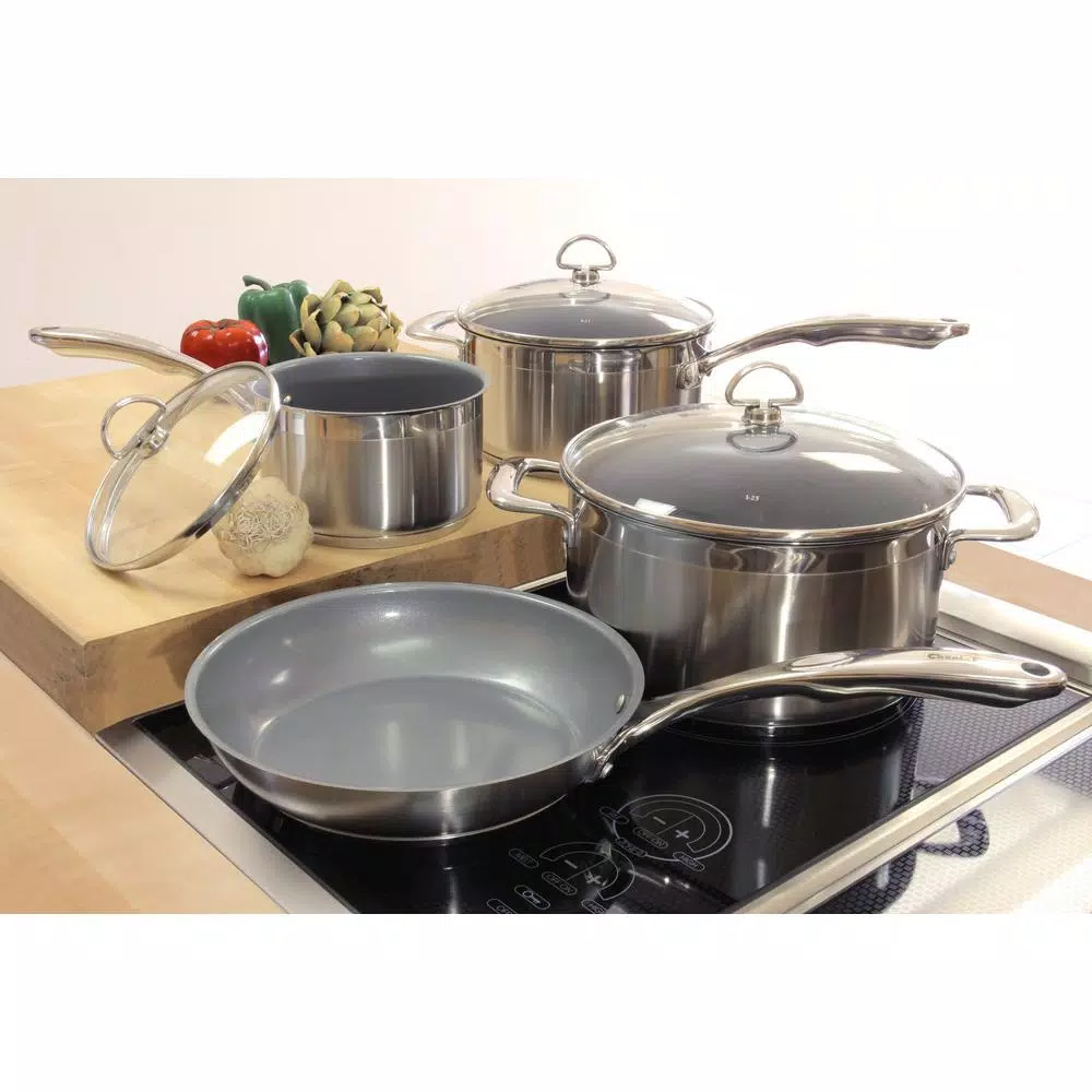 Chantal Induction 21 Steel 7-Piece Ceramic Nonstick Stainless Steel Cookware Set, Brushed Stainless Steel