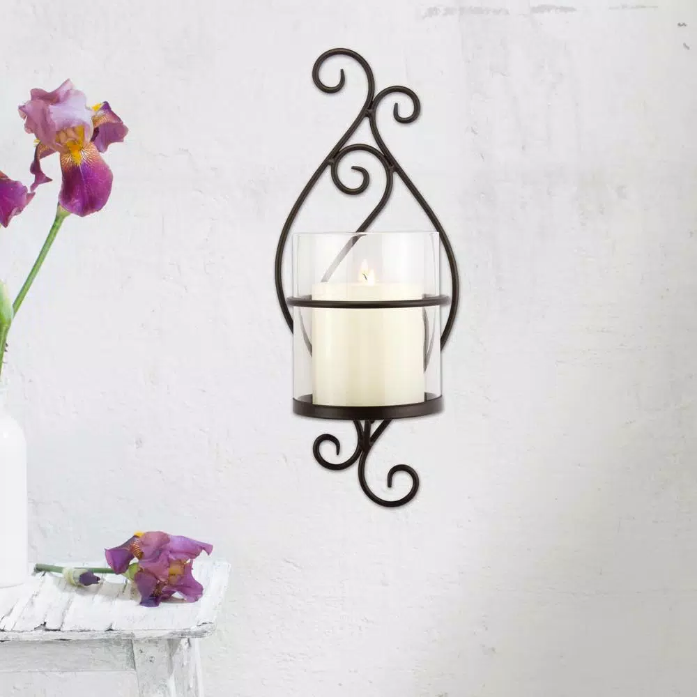 Stonebriar Collection Stonebriar Black Metal Scrolled Pillar Candle Sconce with Glass Cylinder