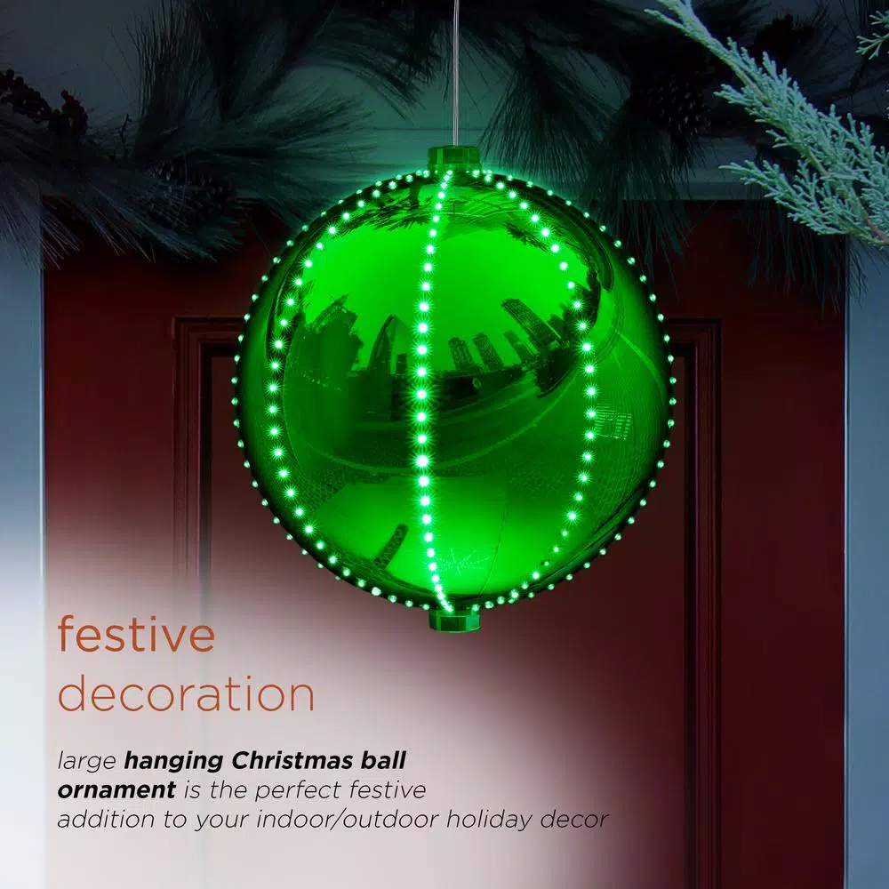Alpine Corporation 13 in. Green Hanging Christmas Ball Ornament with 240 Chasing LED Lights