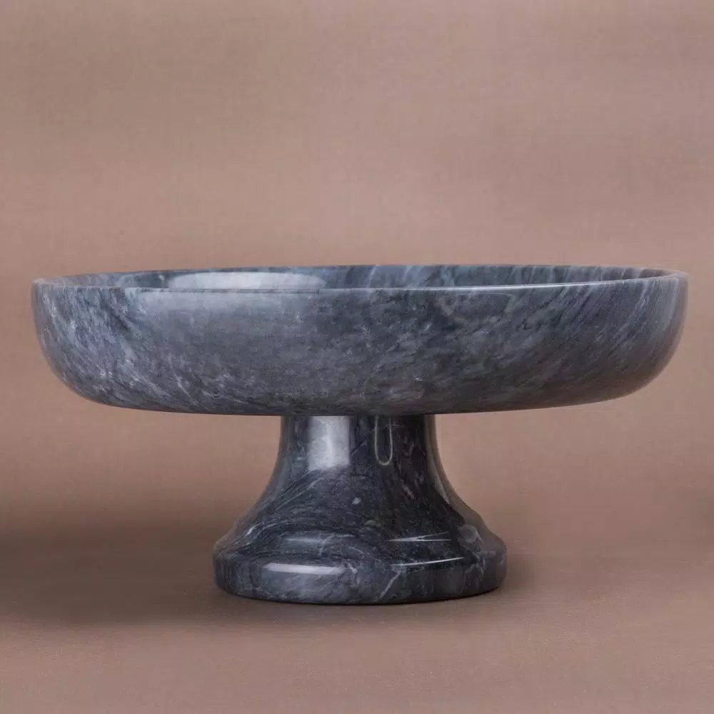 Creative Home Natural Black Marble Fruit Bowl on Pedestal, 10-inch Round Footed Centerpiece