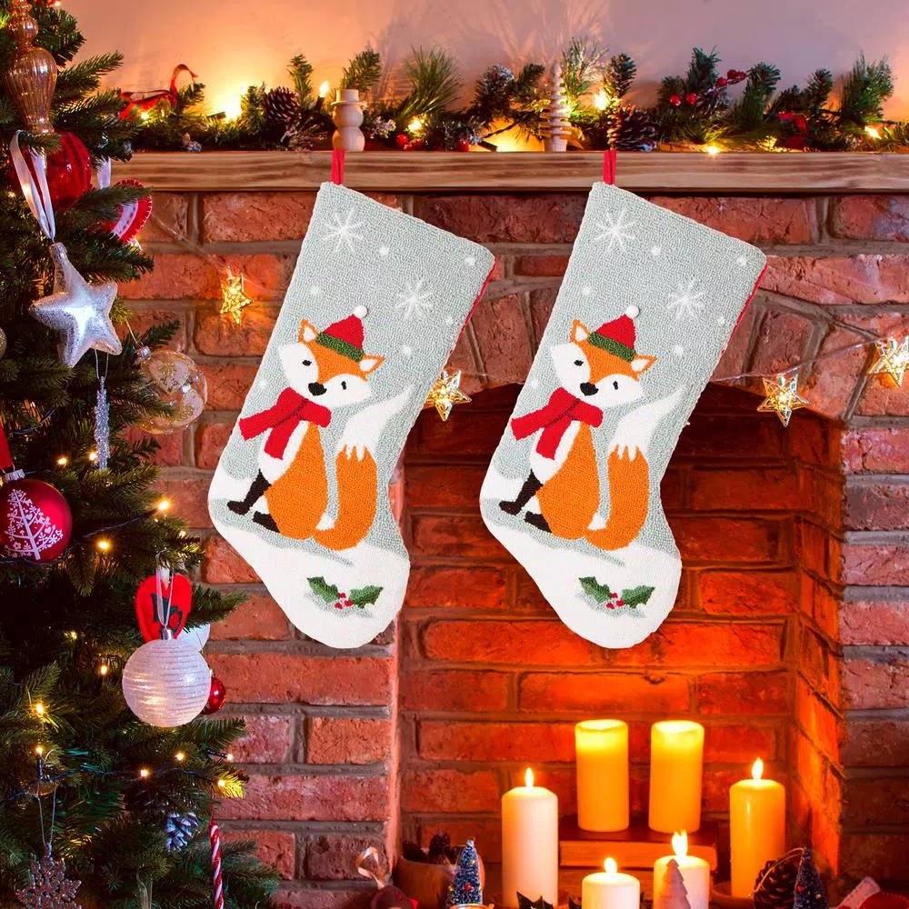 Glitzhome 19 in. Polyester Fox Hooked Christmas Stockings, 2-Pack