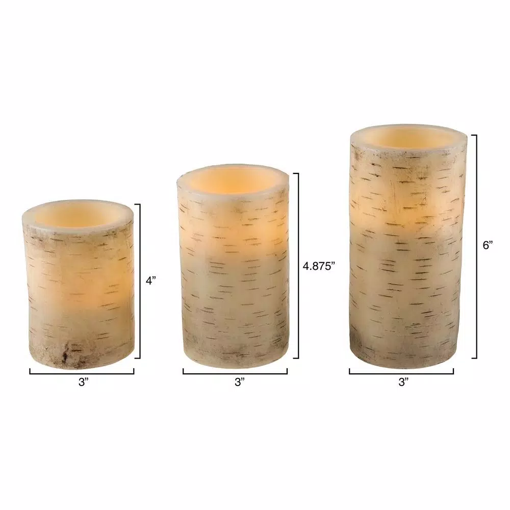 Lavish Home Cream Flameless Birch Bark Pillar Candle Set with Remote