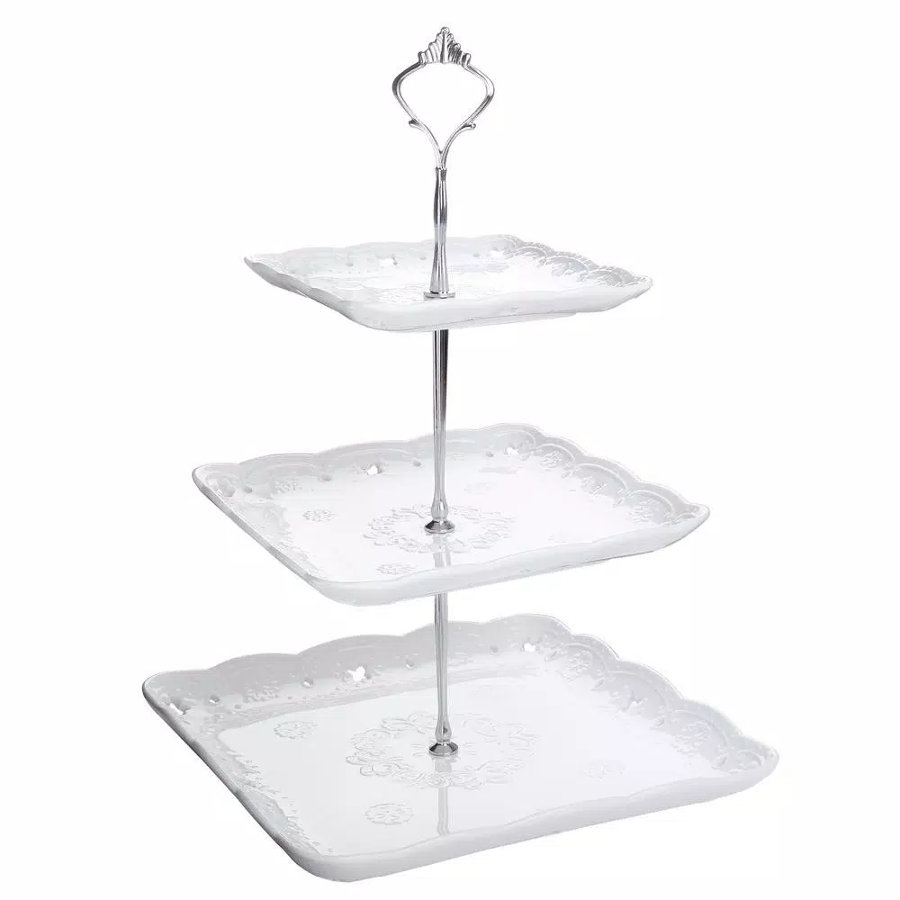 MALACASA 3-Tiered White Porcelain Square Cupcake Tower Stand - Elegant Dessert Serving Tray