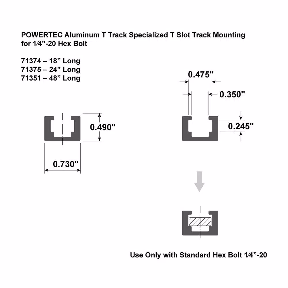 POWERTEC 18 in. Aluminum T-Track, Heavy-Duty Anodized T-Slot for 1/4 in.-20 Hex Bolts