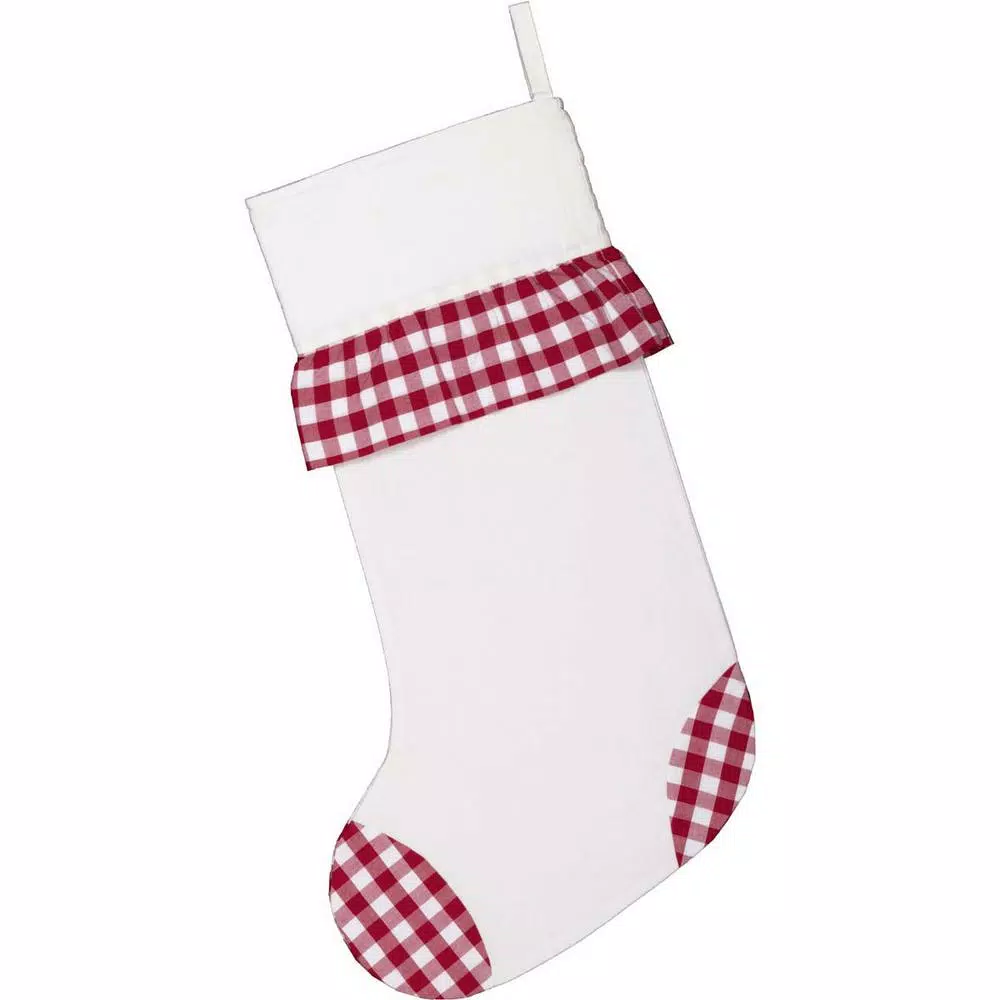 VHC Brands Emmie 20 in. Red Check Ruffle Farmhouse Christmas Stocking