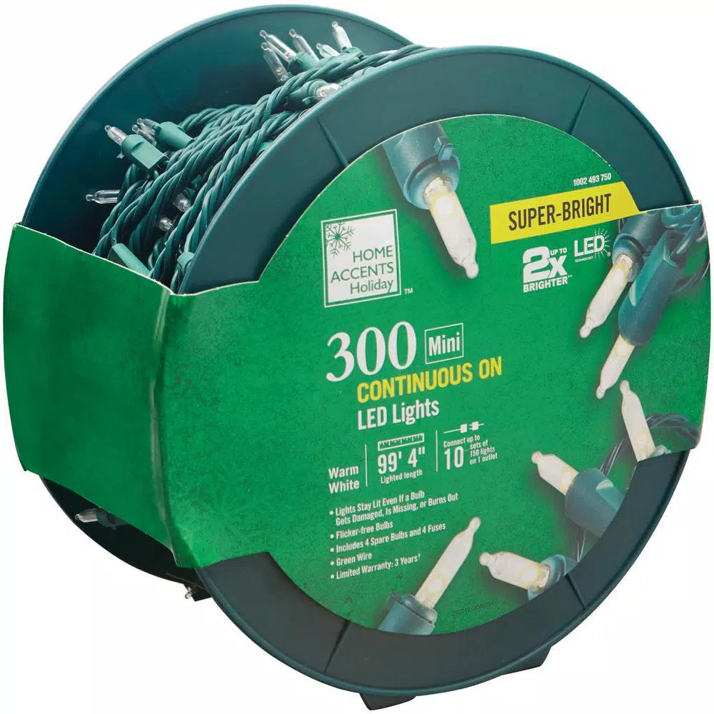 Home Accents Holiday 300-Light LED Mini Warm White Constant-On String Lights, Indoor/Outdoor, Green Wire