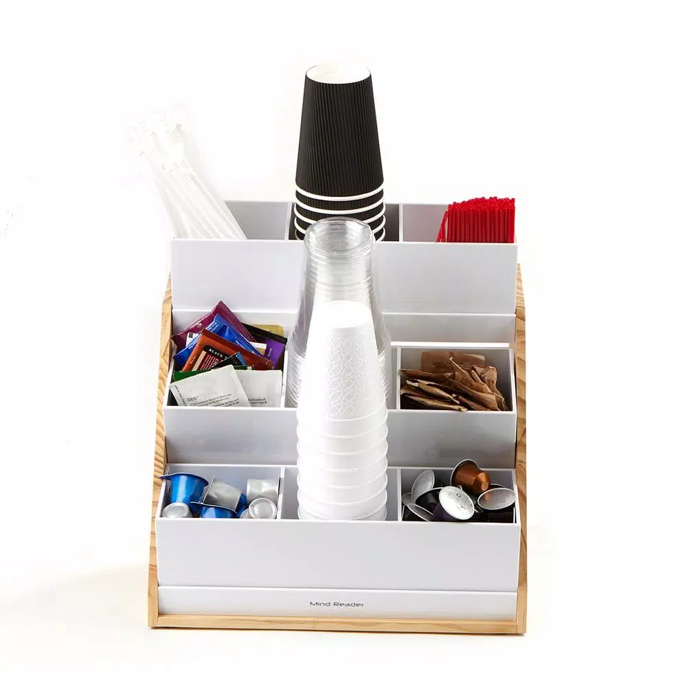 Mind Reader 9-Compartment White Condiment Organizer with Natural Wood Bamboo Base