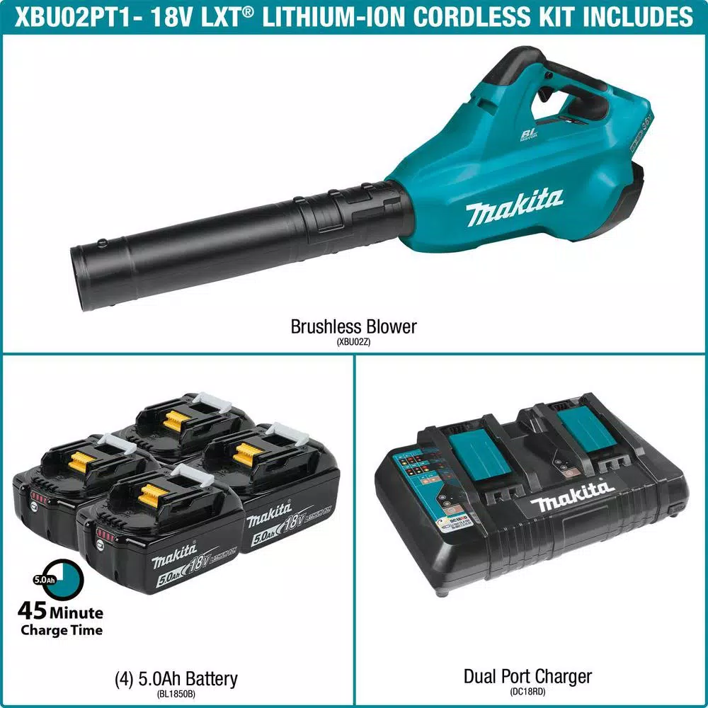 Makita 36V Max LXT Brushless Cordless Blower Kit with (4) 5.0 Ah Batteries and Dual Port Rapid Charger
