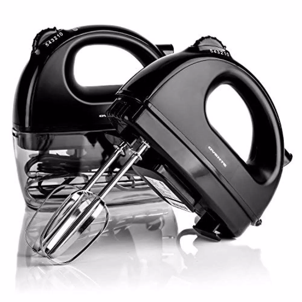 Ovente HM161 5-Speed Electric Hand Mixer, 150W, with Stainless Steel Chrome Beaters and Snap-On Storage Case, Black