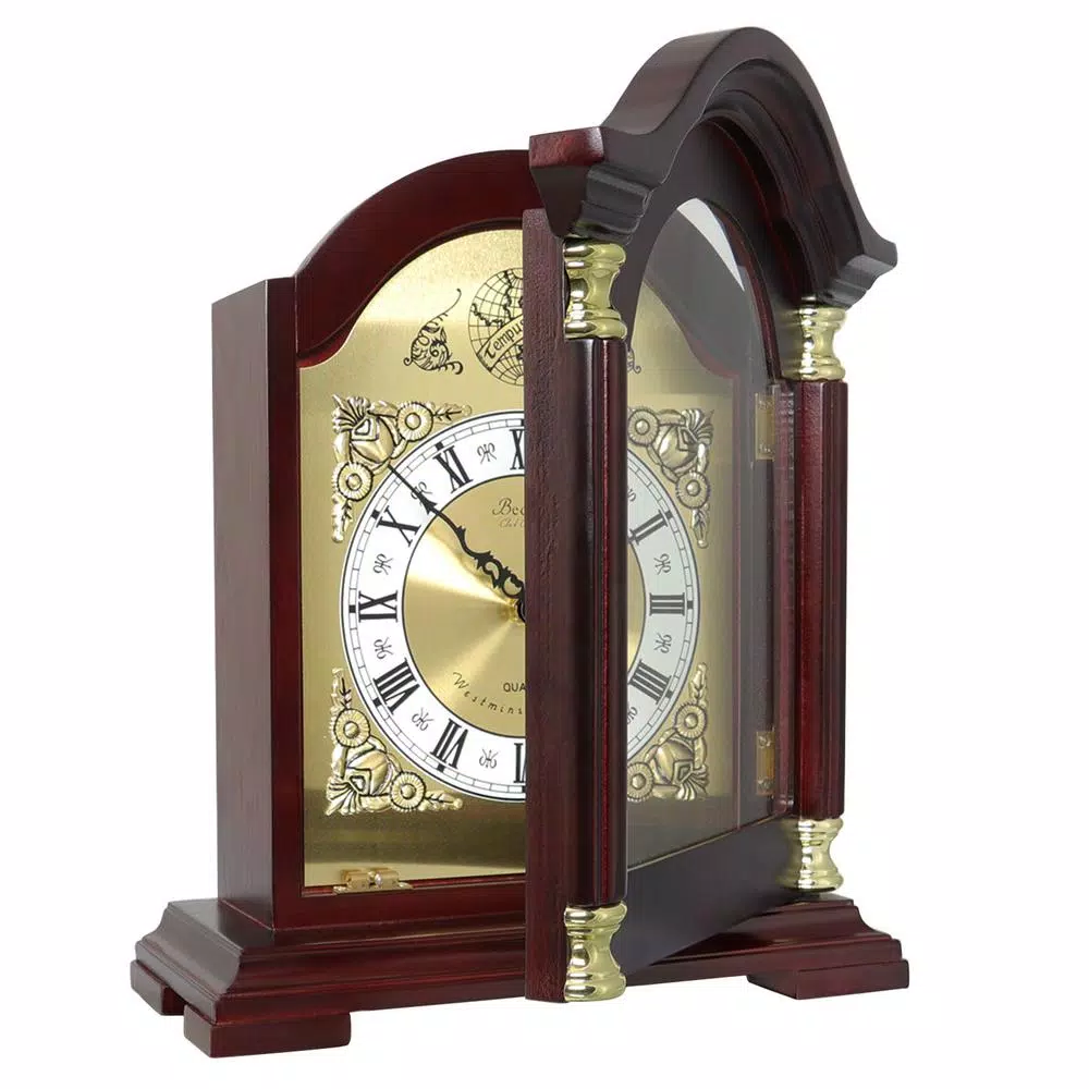 Bedford Clock Collection Redwood Mantel Clock with Chimes, Classic Wood Case with Quartz Movement