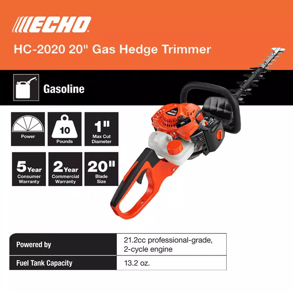 ECHO HC-2020 20 in. Gas Hedge Trimmer, 21.2 cc 2-Stroke Engine
