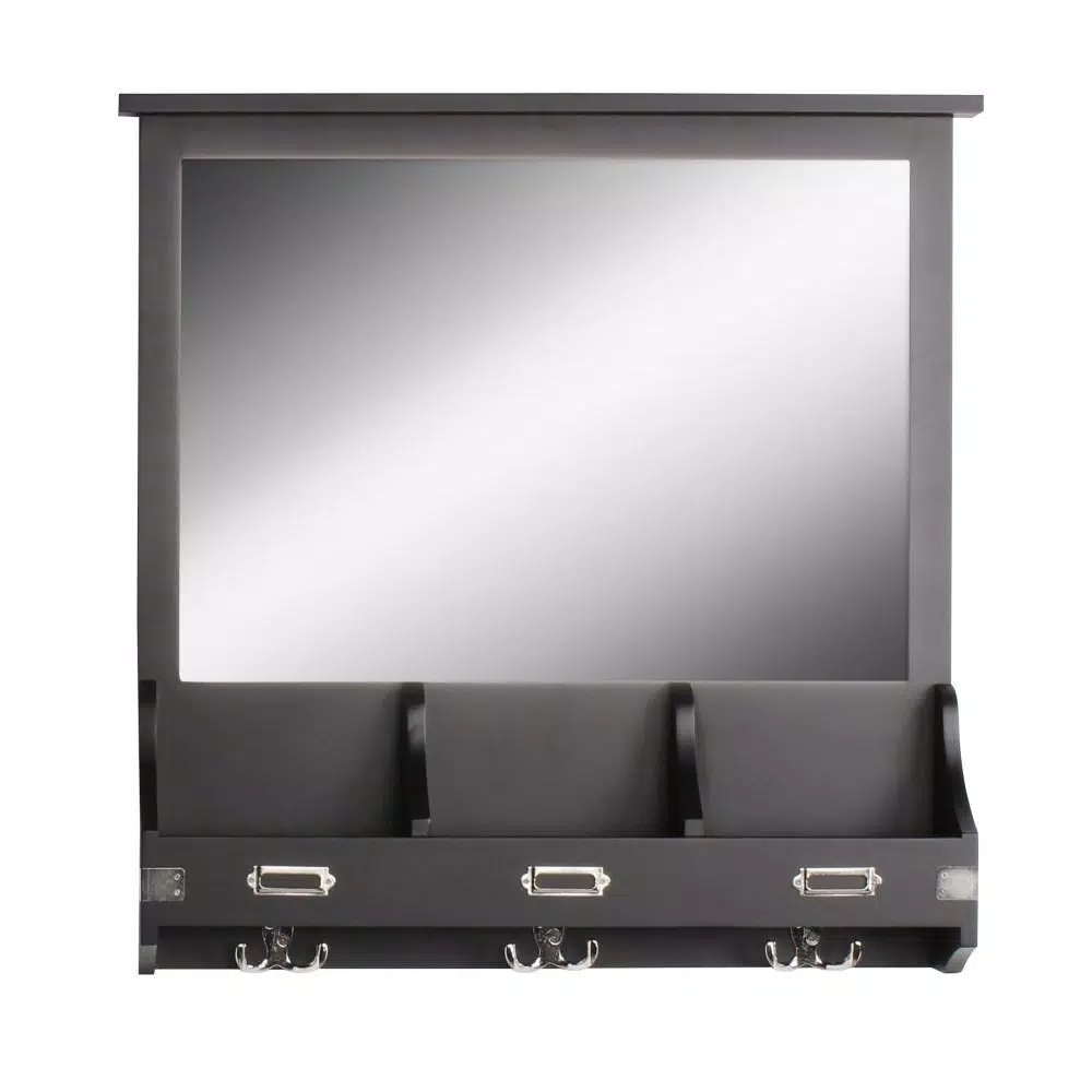 Kate and Laurel Stallard Black Multi-Function Wall Mirror Memo Board with Hooks and Pockets