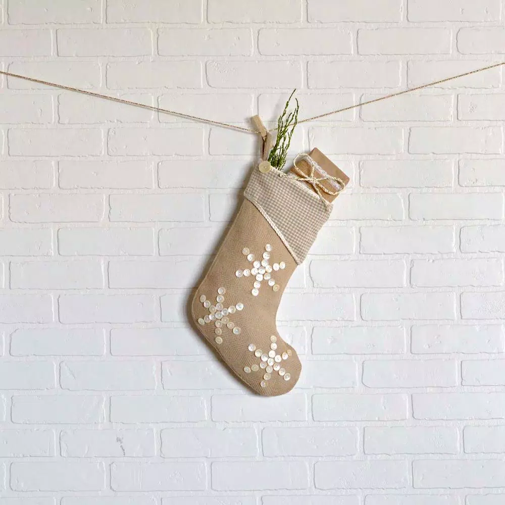 VHC Brands 15 in. Cotton Pearlescent Natural Tan Coastal Christmas Stocking