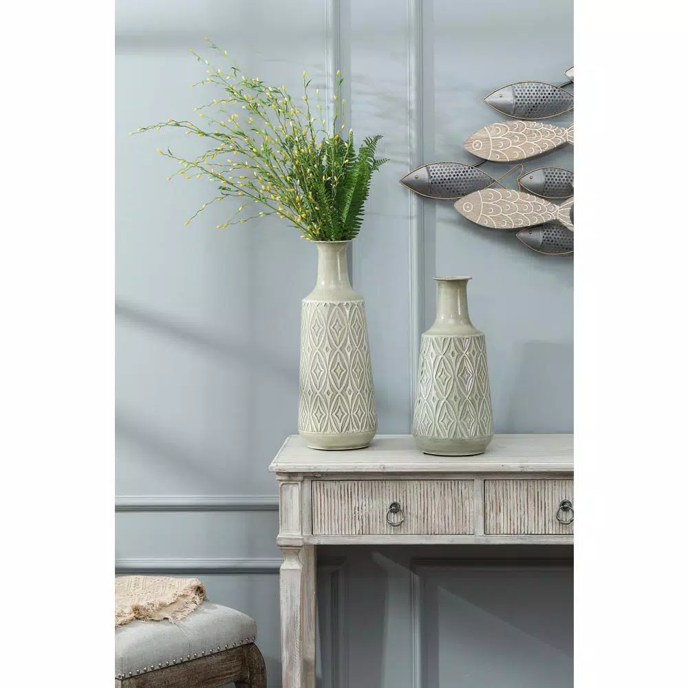 Winsome House 2-Piece Green-Gray Metal Damask Urn Vase Set
