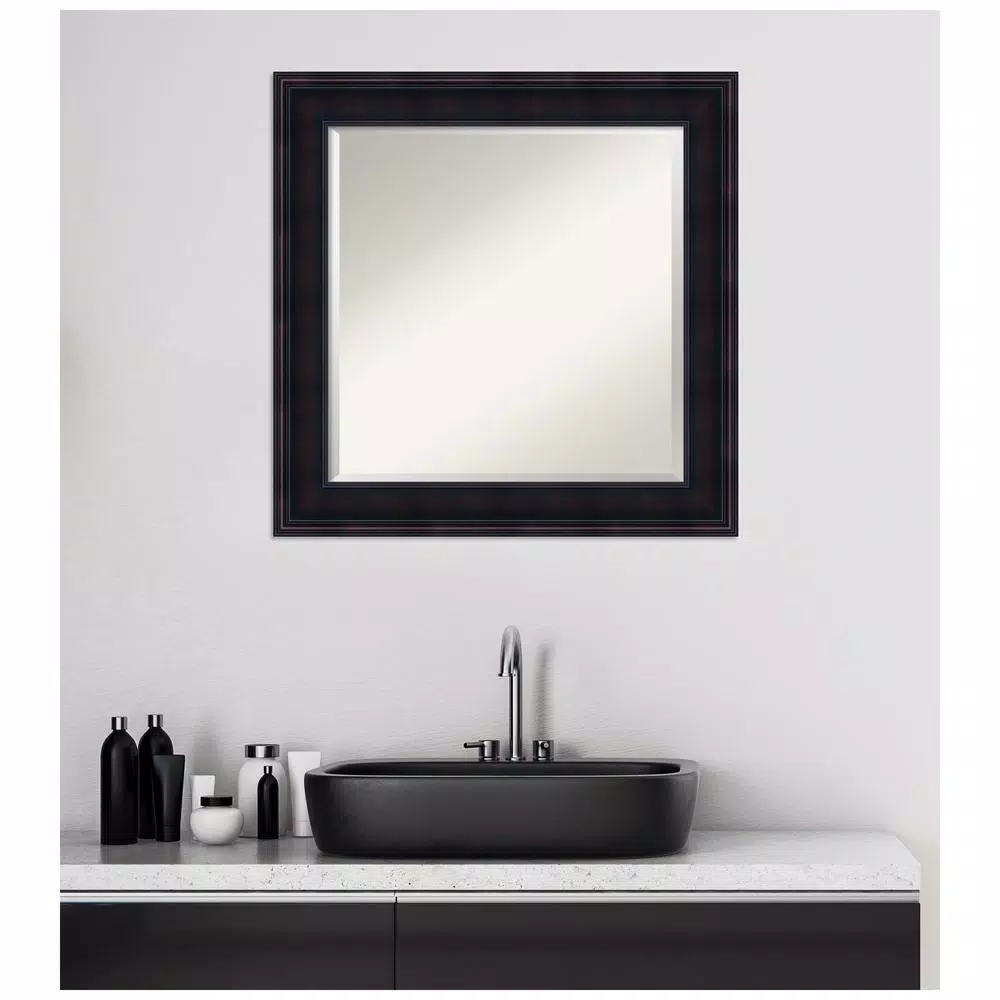 Amanti Art 25 in. Square Beveled Edge Wood Framed Bathroom Vanity Mirror, Dark Brown Mahogany