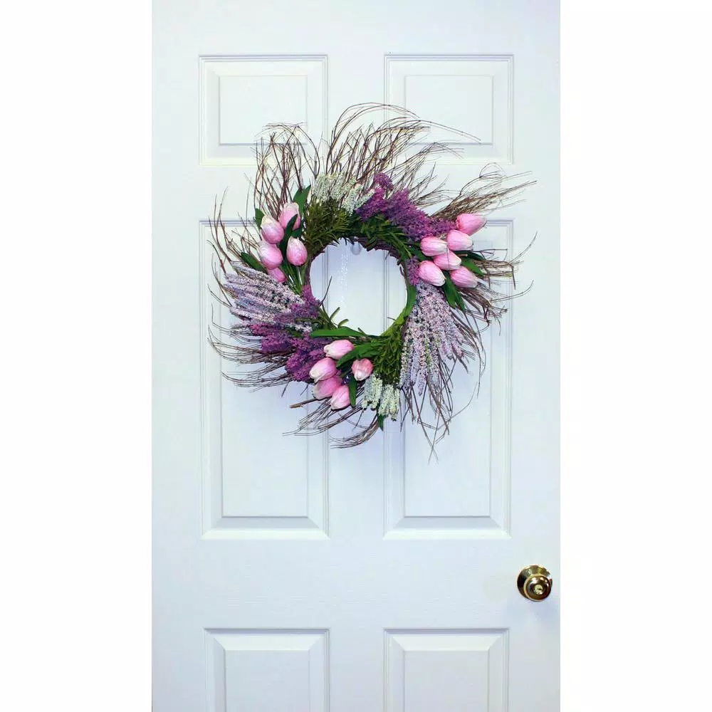 Worth Imports 22 in. Pink and Purple Tulip and Lavender Silk Wreath on Natural Twig Base