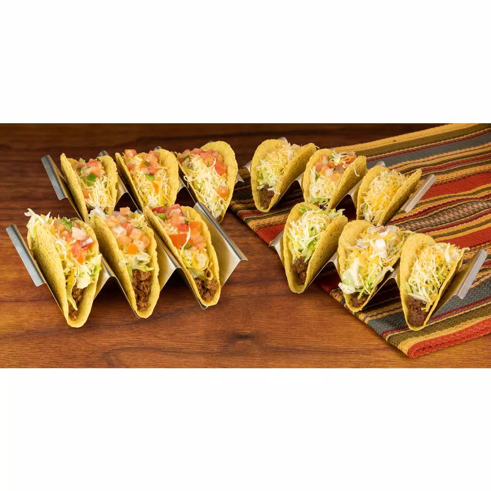 TACO TUESDAY Stainless Steel Rectangular Taco Holder Trays, 8.25 in. (Set of 4)