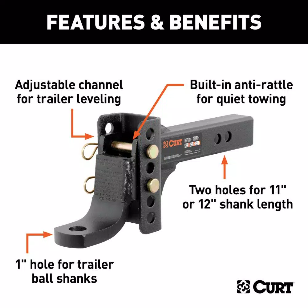 CURT Adjustable Channel Hitch Ball Mount, 2" Shank, 1" Ball Hole, 6,000 lbs Capacity