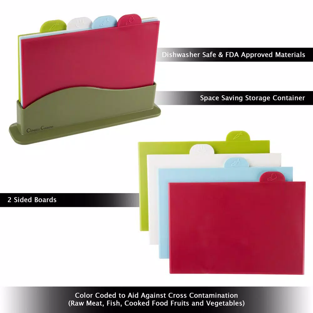 Classic Cuisine 5-Piece Color-Coded Plastic Cutting Board Set with Storage Container