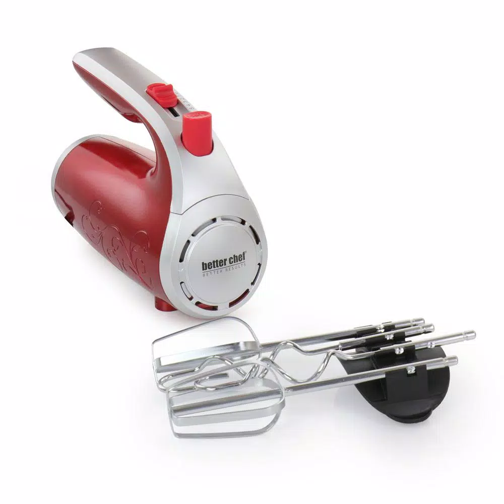 Better Chef 5-Speed Electric Hand Mixer with Stainless Steel Beaters and Dough Hooks, Red