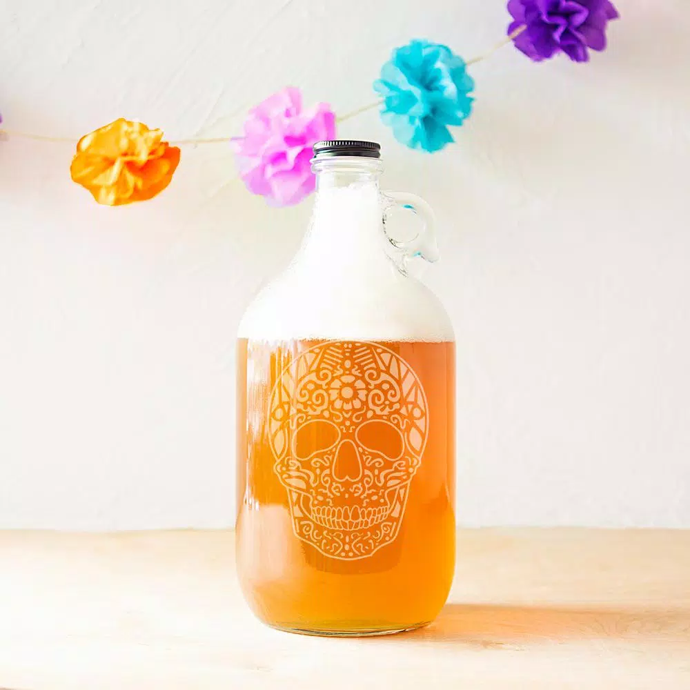 Cathy's Concepts 64 oz. Sugar Skull Glass Craft Beer Growler with Screw-Top Lid and Handle