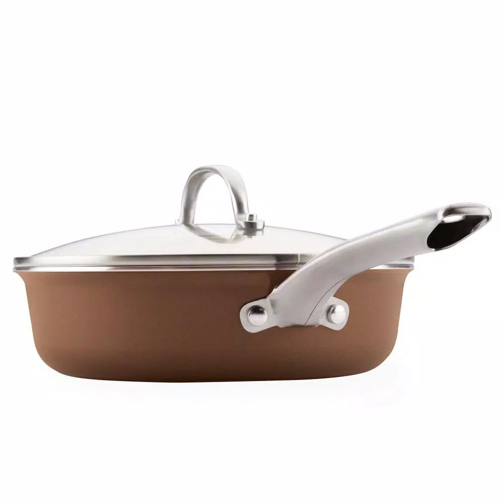 Ayesha Curry Home Collection 3 Qt. Aluminum Nonstick Saute Pan with Glass Lid, Brown Sugar