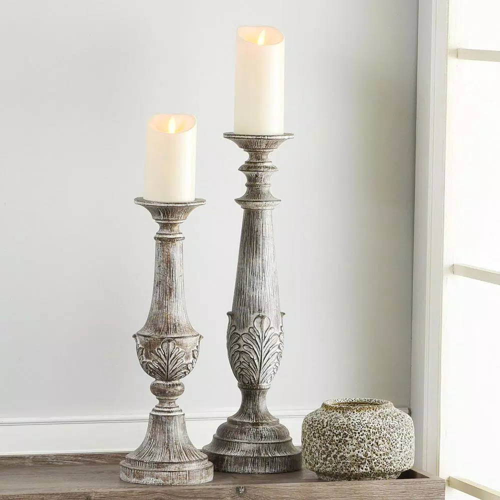 Home Decorators Collection White Washed Wood Style Candle Holder Set, Ivory Resin (Set of 2)