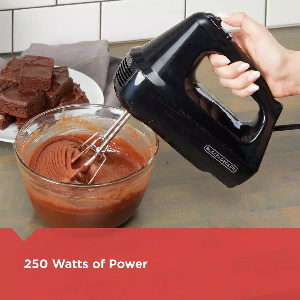 BLACK+DECKER 6-Speed Black Handheld Mixer with 250W Motor, 5 Attachments and Storage Case