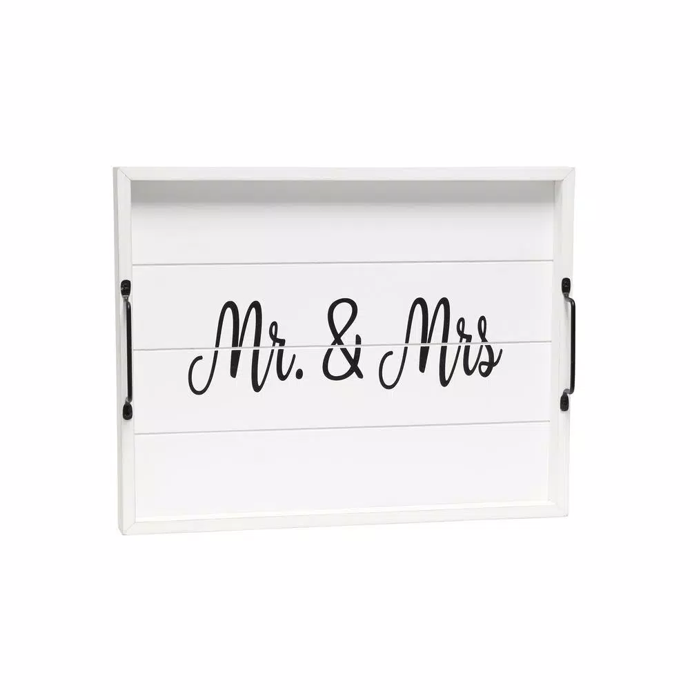 Elegant Designs White Wash Wooden Decorative Serving Tray with Black Metal Handles - Mr. and Mrs. Farmhouse Style