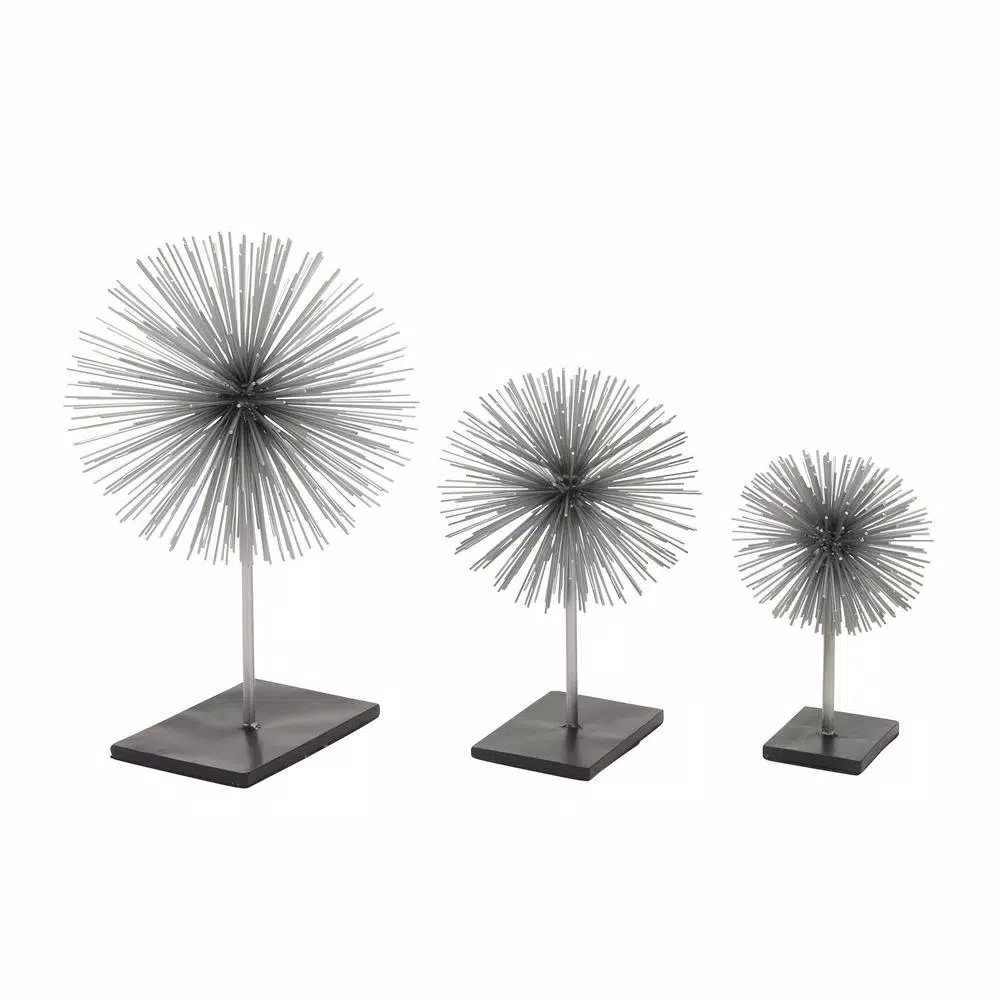 LITTON LANE Set of 3 Metal Starburst Sculptures with Stand - Silver and Black Iron Wire Decor