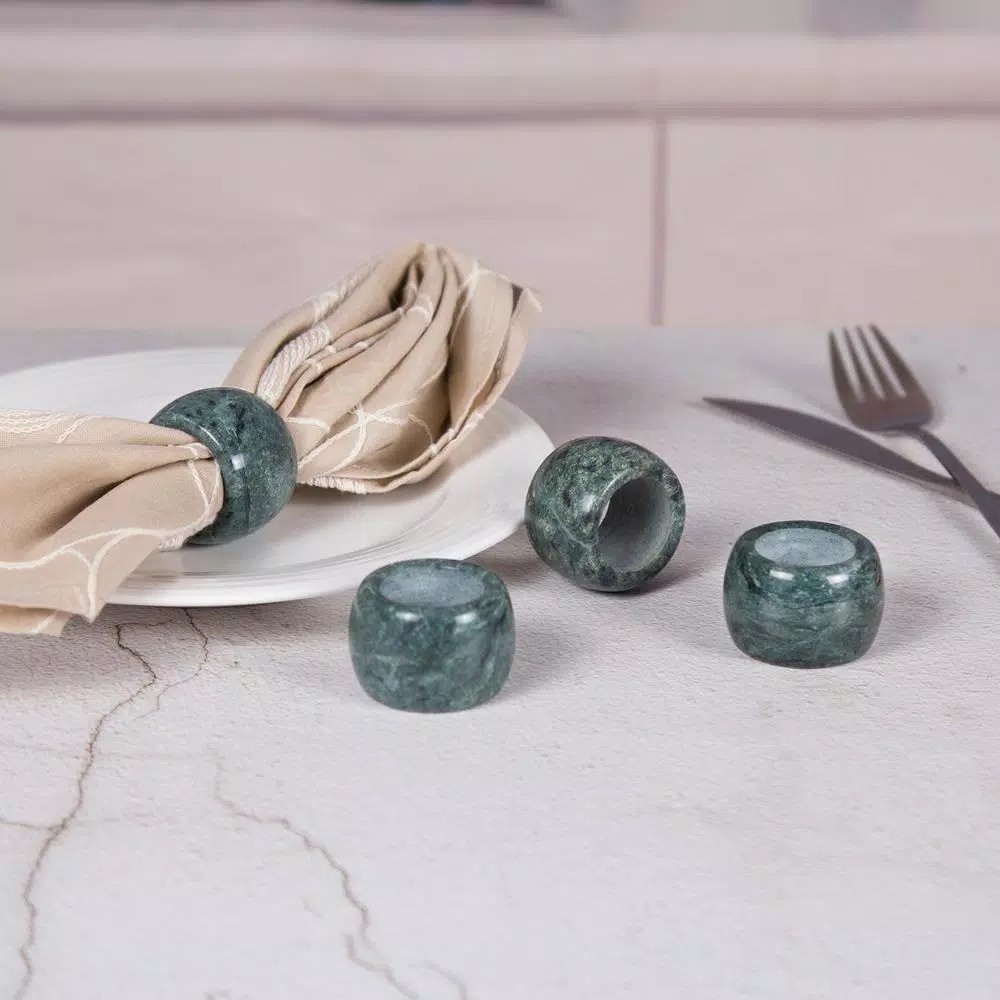 Creative Home Natural Green Marble Napkin Ring Holder Set, Set of 4 for Fine Dining and Weddings