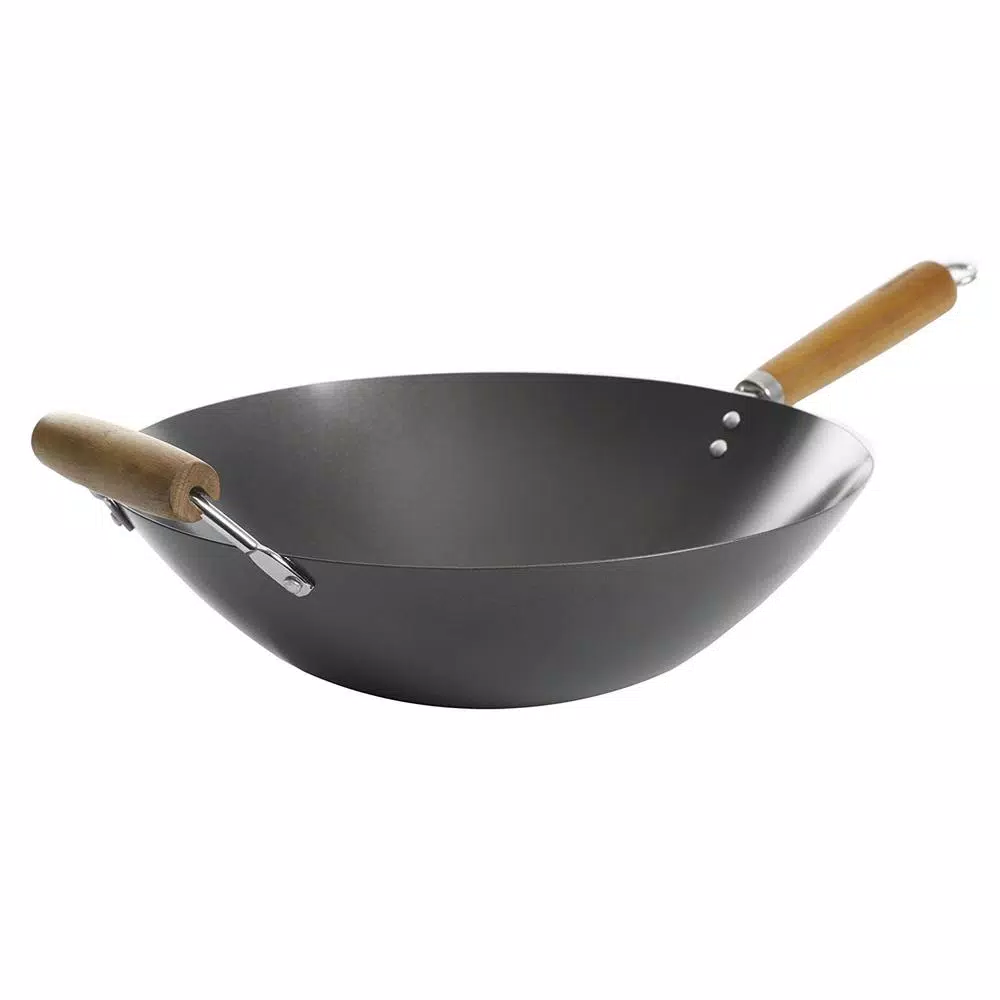 KENMORE 14 in. Carbon Steel Non-Stick Flat Bottom Wok with Wooden Handles