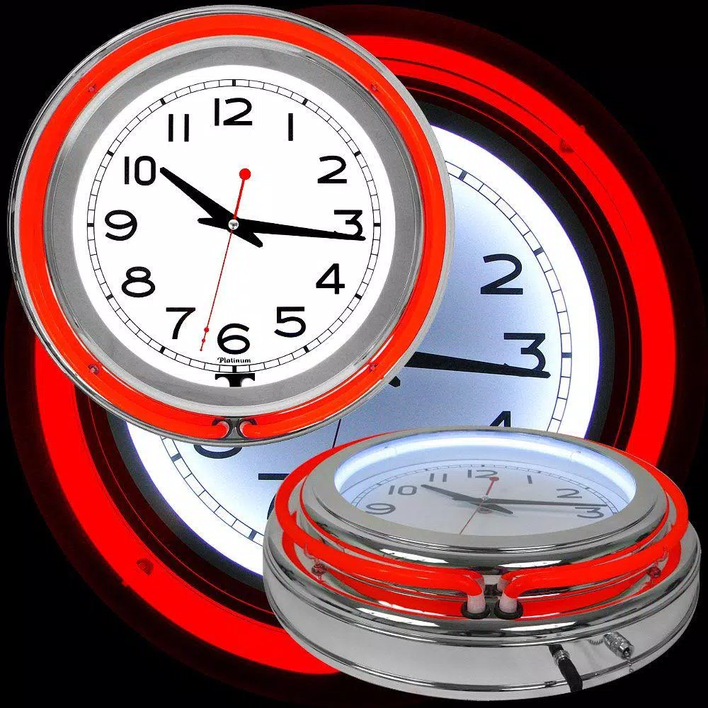 Trademark Red Double Ring Neon Wall Clock - 14 in. Retro Chrome Finish