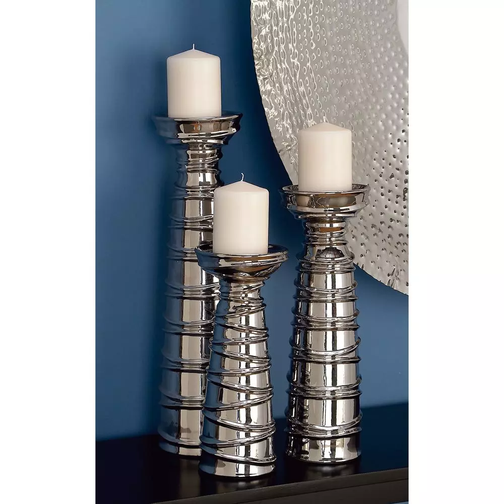 LITTON LANE Contemporary Silver Ceramic Tapered Cylinder Candle Holders, Set of 3