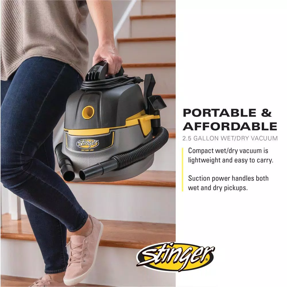 Stinger 2.5 Gal. 1.75 Peak HP Compact Wet/Dry Shop Vacuum with Hose and 6 Filter Bags