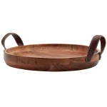 Mason Craft & More 19 in. Round Acacia Wood Serving Tray with Faux Leather Handles thumbnail 1
