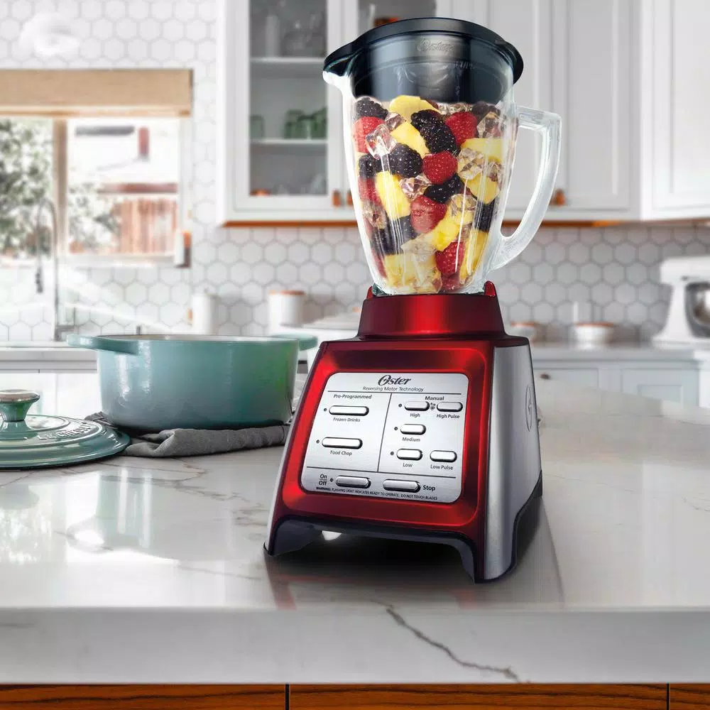Oster Designed for Life 7-Speed Red Blender with 48 oz. Glass Jar and 20 oz. Smoothie Cup
