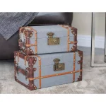 LITTON LANE Globetrotter Wood and Gray Burlap Fabric Decorative Storage Boxes with Leather Accents, Set of 2 thumbnail 1