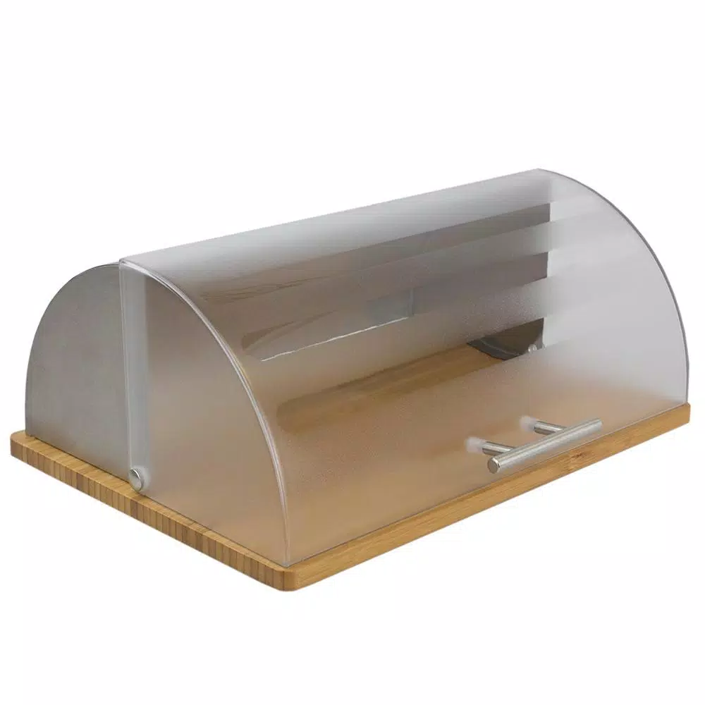 Unbranded Stainless Steel Bread Box with Wood Base and Acrylic Lid, Natural Grey