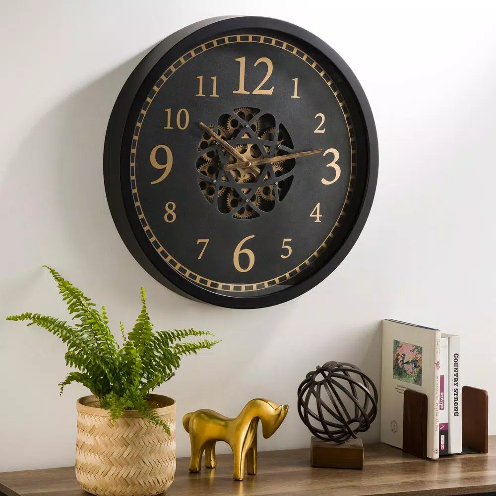 Glitzhome 22.83 in. Oversized Metal Wall Clock with Moving Gears and Roman Numerals