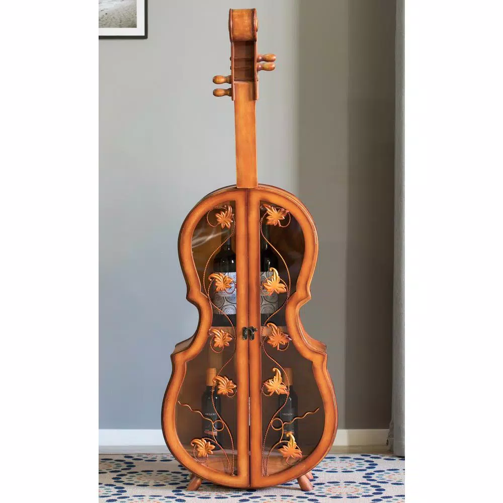 Vintiquewise Antique Brown Violin Shaped Wooden Wine Rack - 53.5 inch Floor Wine Cabinet with Acrylic Doors