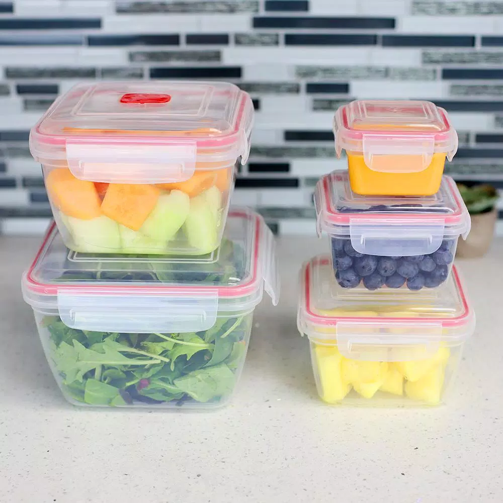 Unbranded 10-Piece Locking Square Plastic Food Storage Container Set with Steam-Vented Lids, Red