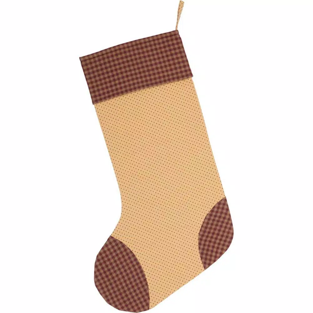 VHC Brands 20 in. Cotton Sequoia Creme White Rustic Christmas Stocking with Burgundy Check Accents