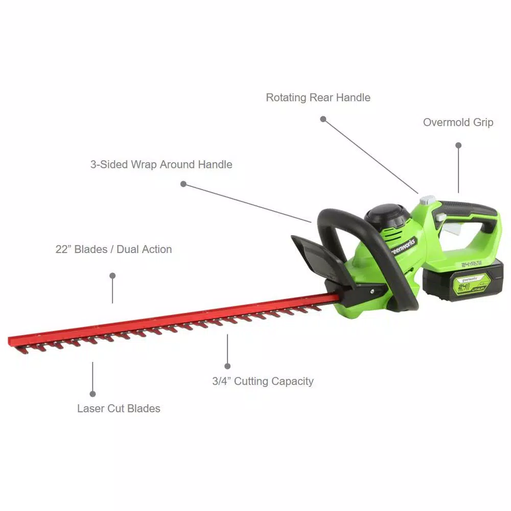 Greenworks 24V Cordless 22 in. Hedge Trimmer, Tool Only