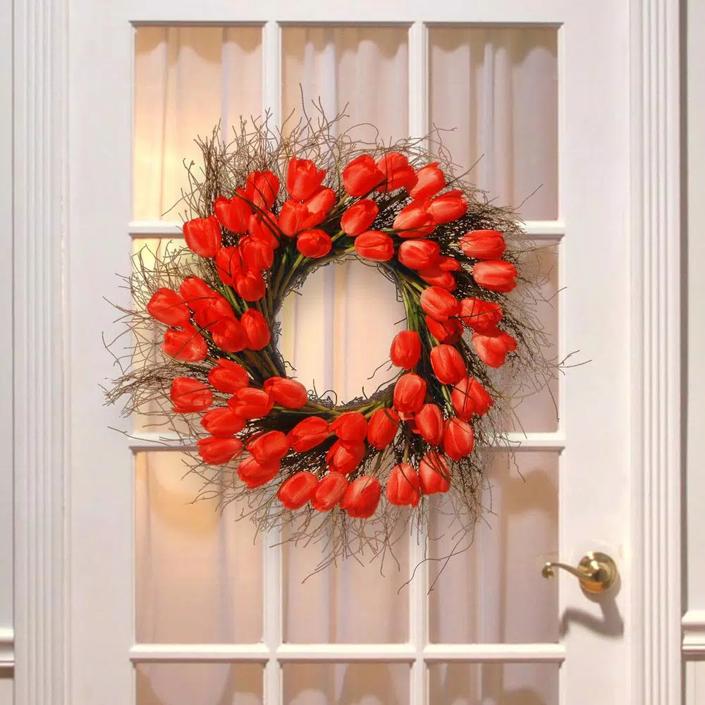 National Tree Company 24 in. Red Tulip Floral Wreath - Rustic Fabric Flower Wreath for Indoor and Covered Outdoor Decor