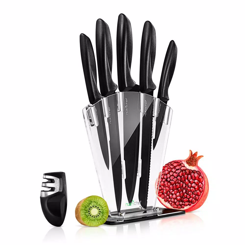 NutriChef 7-Piece German Stainless Steel Precision Kitchen Knife Set with Block Stand