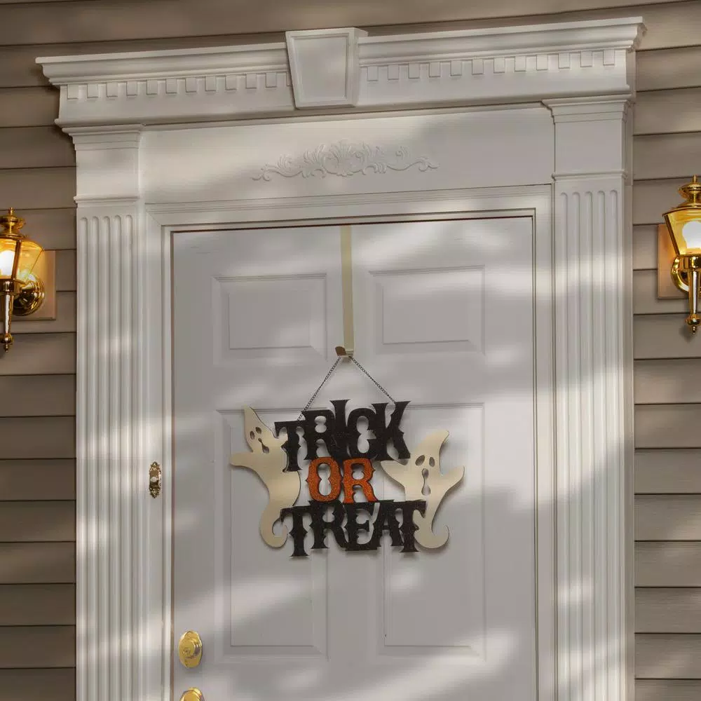 National Tree Company 14 in. Halloween Trick or Treat Door Sign - Black and Orange Sparkled Fiberboard Decoration