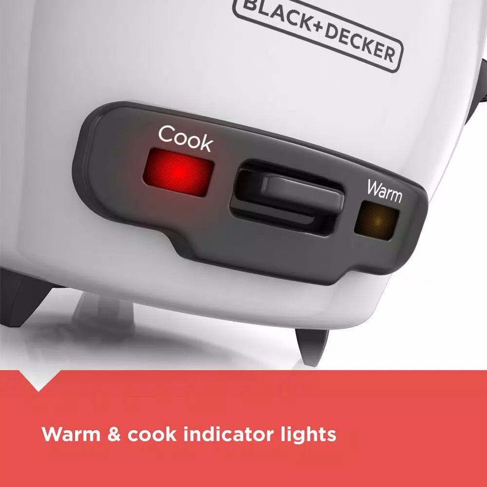 BLACK+DECKER 3-Cup White Electric Rice Cooker with Steaming Basket and Non-Stick Pot